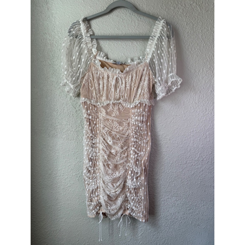 Story On Cream Lace‎ Ruched Milkmaid Coquette Mini Dress Short Puff Sleeve Small